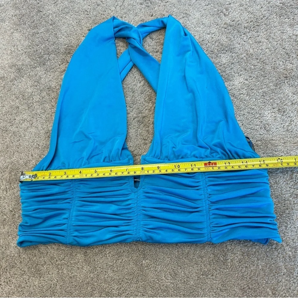 Zara blue ruched deep plunge V-neck halter crop top crisscross open back Sz XL - Picture 9 of 13